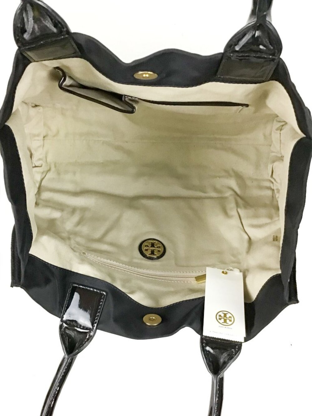 Tory Burch MINI ELLA Nylon/Patent Logo Tote Bag Black - Picture 10 of 15